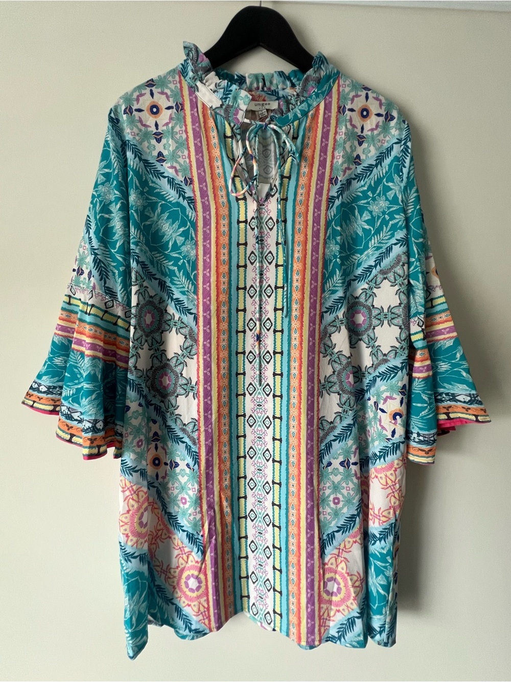 Umgee Teal & Multi-Color Floral Ruffle Tie-Neck Mini Dress